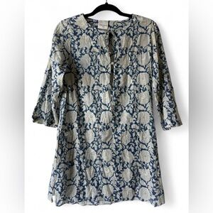 Laurence Doligé Paris Blue Floral Block Print Cotton Tunic Dress